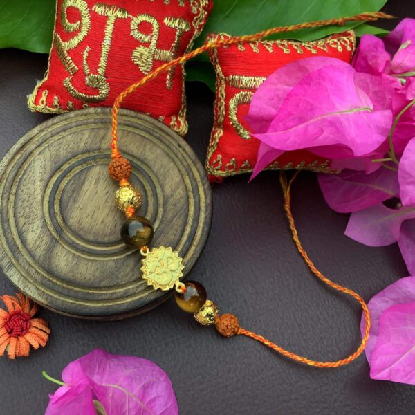 Natural Gemstone Tigers Eye with Gold plated OM and Rudraksha Rakhi for Bhaiya Stylish