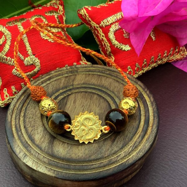 Natural Gemstone Tigers Eye with Gold plated OM and Rudraksha Rakhi for Bhaiya Stylish 1