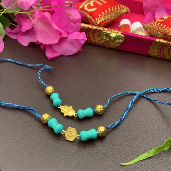 Natural Turquoise with Hamsa & Hexagon Gold plated Rakhi Combo Stylish1