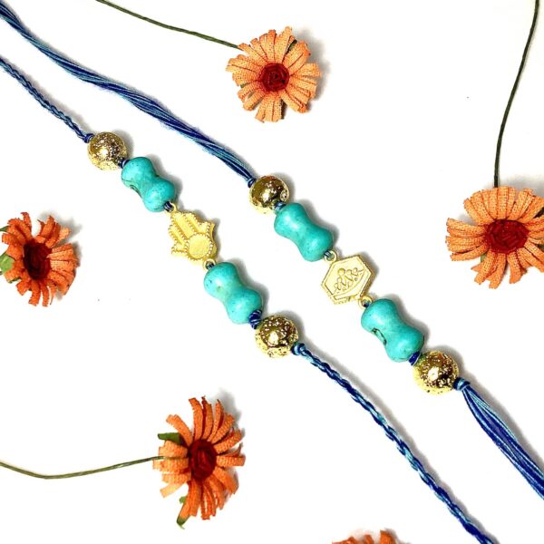 Combo of 2 Natural Turquoise with Hamsa & Hexagon Goldplated Rakhi