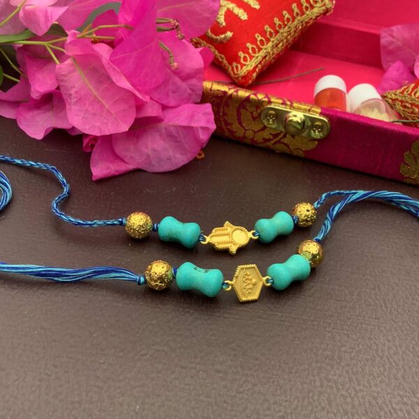 Natural Turquoise with Hamsa & Hexagon Gold plated Rakhi Combo with Packaging