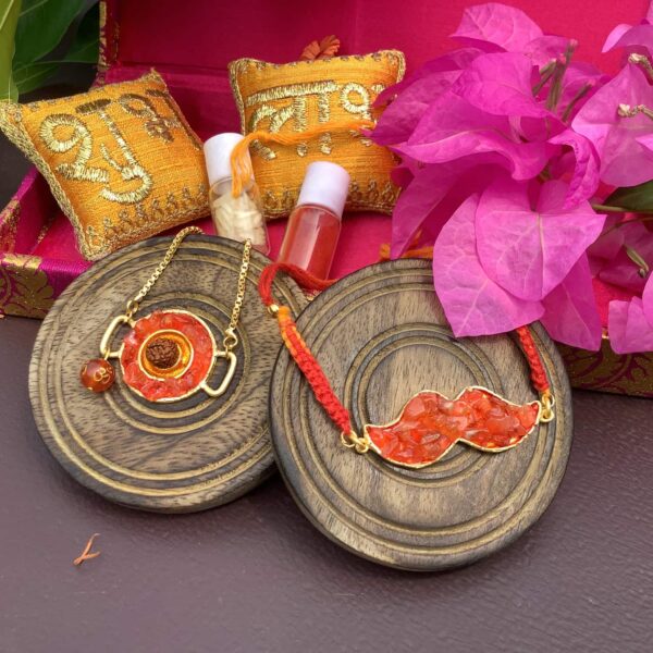 Orange Carnelian Rudraksh Rakhi for Bhaiya and Bhabhi Bracelet Set Stylish