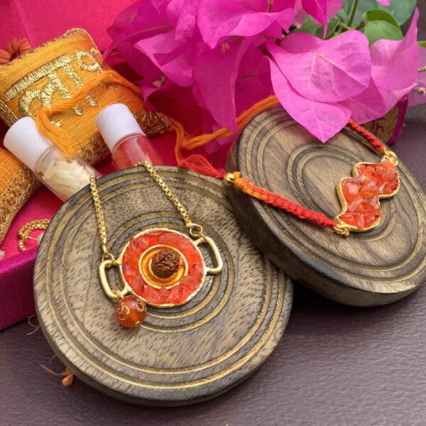 Orange Carnelian Rudraksh Rakhi for Bhaiya and Bhabhi Bracelet Set Stylish1