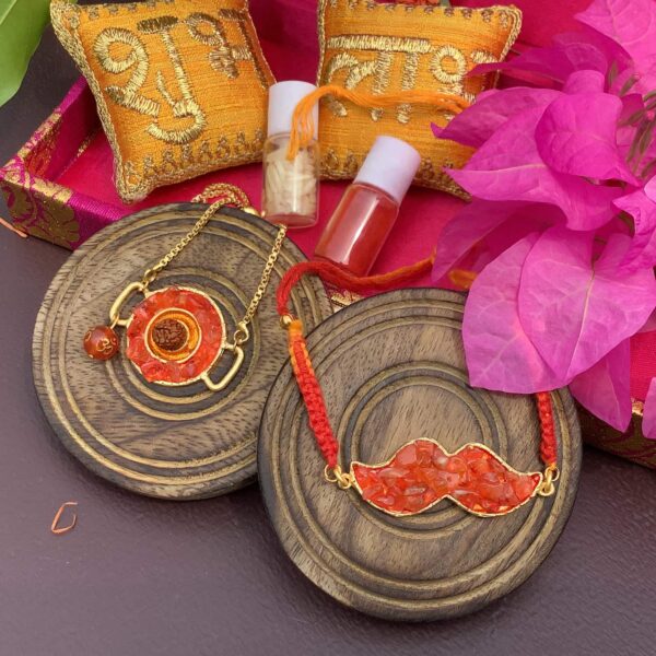 Orange Carnelian Rudraksh Rakhi for Bhaiya and Bhabhi Bracelet Set Stylish2