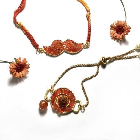 Orange Carnelian Rudraksh Rakhi for Bhaiya and Bhabhi Bracelet Set