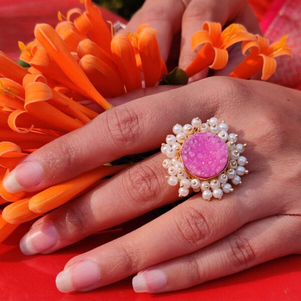 Pink Druzy Adjustable Ring with Halo of Pearl Fringe