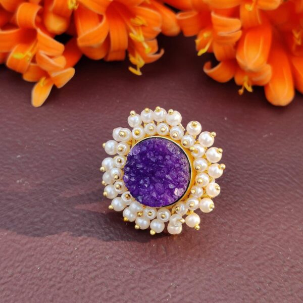 Purple Druzy Adjustable Ring with Halo of Pearl Fringe