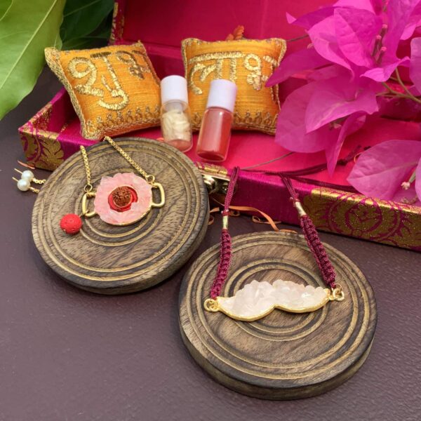 Pink Rose Quartz Rudraksh Mooch Rakhi Bhaiya and Bhabhi Bracelet Set with Packaging