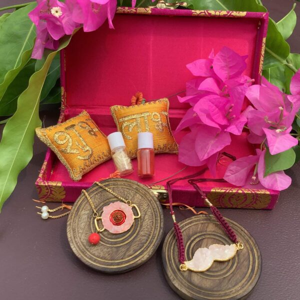 Pink Rose Quartz Rudraksh Mooch Rakhi Bhaiya and Bhabhi Bracelet Set with Packaging1