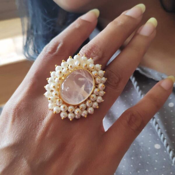 Rose Pink Quartz Statement Cocktail Ring with Pearl Fringe Body 2