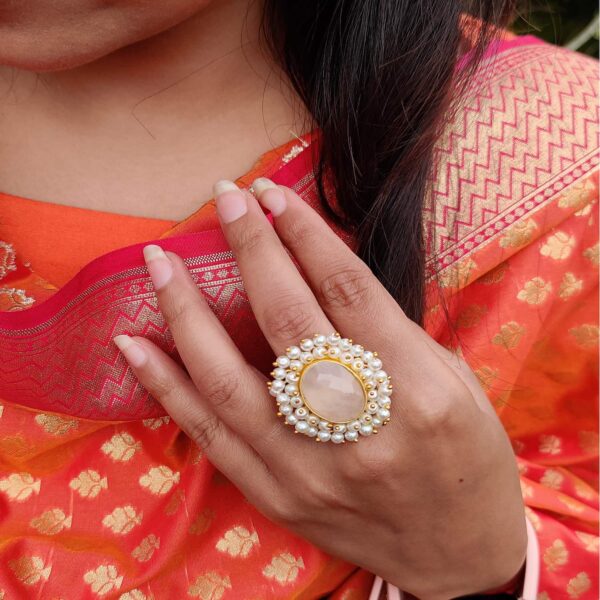 Rose Pink Quartz Statement Cocktail Ring with Pearl Fringe 2