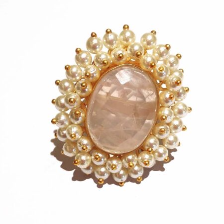 Rose Pink Quartz Statement Cocktail Ring with Pearl Fringe