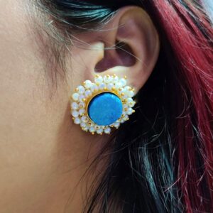 Round Blue Drusy Stud Earrings with Pearl Fringe Halo Body