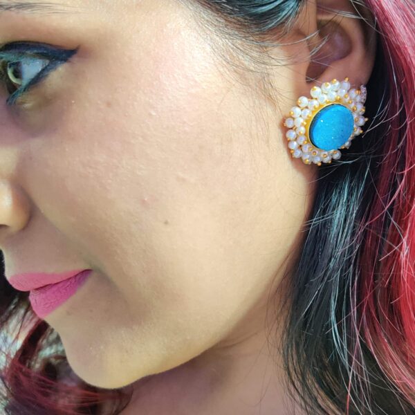 Round Blue Drusy Stud Earrings with Pearl Fringe Halo Body Image