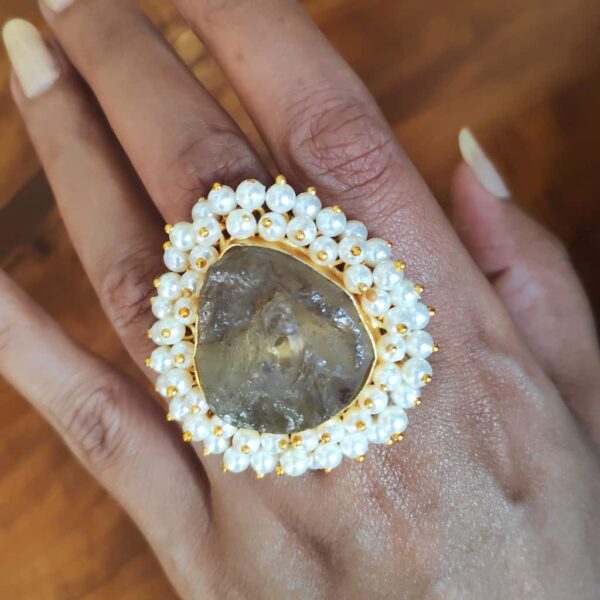 Citrine Statement Cocktail Ring with Pearl Fringe Hand 3