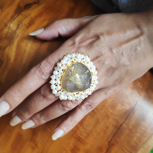 Citrine Statement Cocktail Ring with Pearl Fringe Hand 2