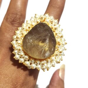 Citrine Statement Cocktail Ring with Pearl Fringe Hand