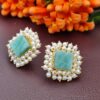 Square Princess stud earrings with natural Quartz and Pearl Halo Fringe - Image 4