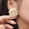 Square Princess stud earrings with natural Quartz and Pearl Halo Fringe - Image 7