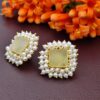 Square Princess stud earrings with natural Quartz and Pearl Halo Fringe - Image 2