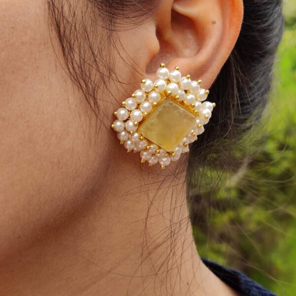 Square Princess stud earrings with natural Quartz and Pearl Halo Fringe - Image 3