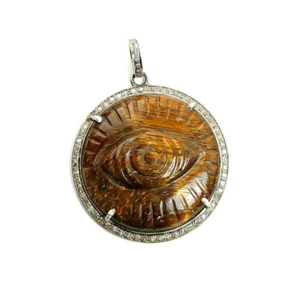 CARVED TIGERS EYE, EVIL EYE PENDANT IN 925 SILVER & DIAMONDS