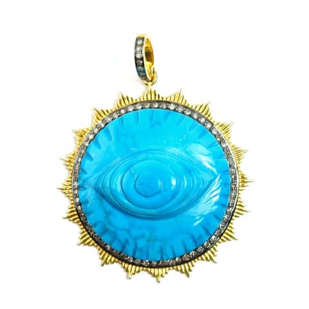 GOLD PLATED TURQUOISE EVIL EYE ROUND PENDANT IN 925 SILVER WITH DIAMONDS