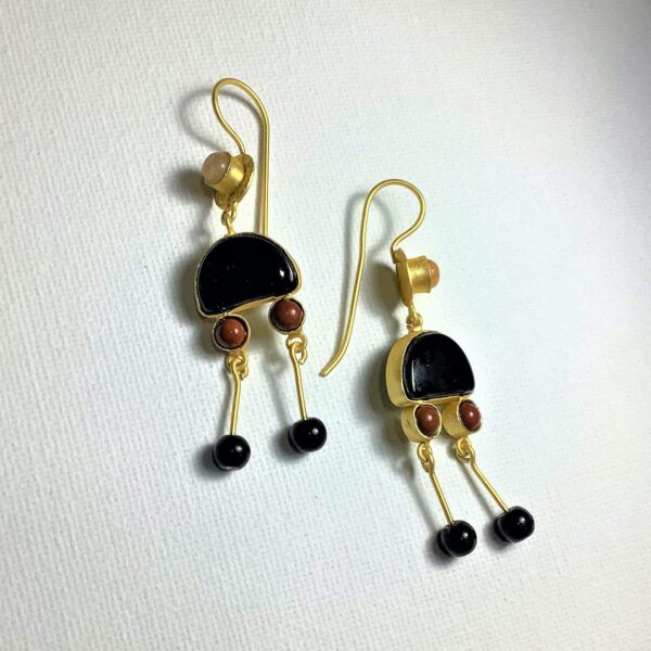 Black Onyx Dancing Feet Gold Plated Hook Danglers Earrings