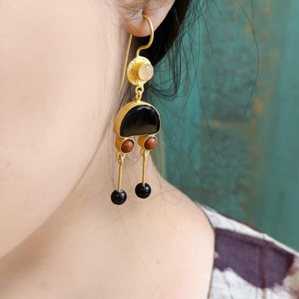 Black Onyx Dancing Feet Gold Plated Hook Danglers Earrings Body Image 1