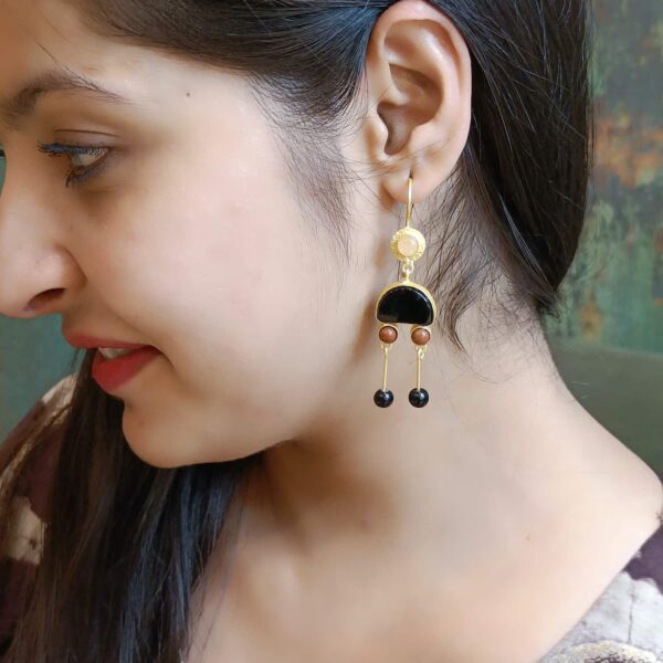 Black Onyx Dancing Feet Gold Plated Hook Danglers Earrings Body Image 2