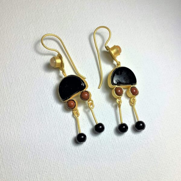 Black Onyx Dancing Feet Gold Plated Hook Danglers Earrings