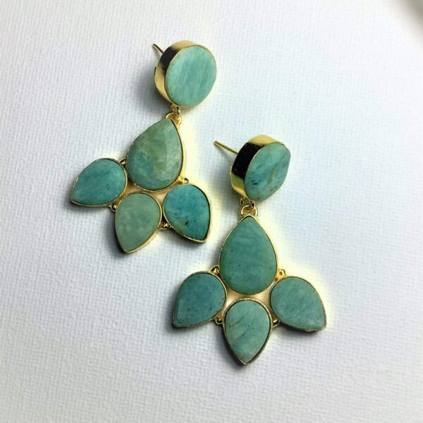 Three Petal Flower Amazonite Green Gold plated Dangler Earrings