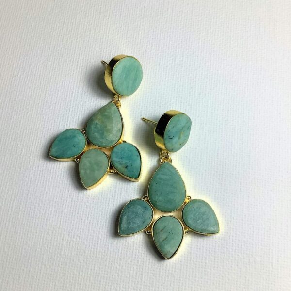 Three Petal Flower Amazonite Green Gold plated Dangler Earrings Image 2