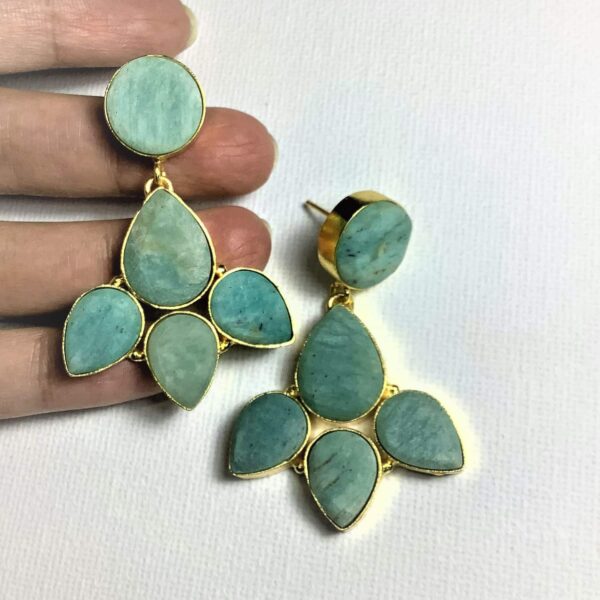 Three Petal Flower Amazonite Green Gold plated Dangler Earrings Image 3