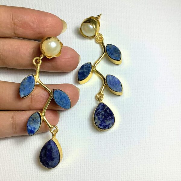 Zigzag Blue Lapis and Pearl dangle Gold Plated Fashion Earrings Image 1