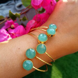 Green Onyx Cuff Flexible Bracelet with Gold Plating